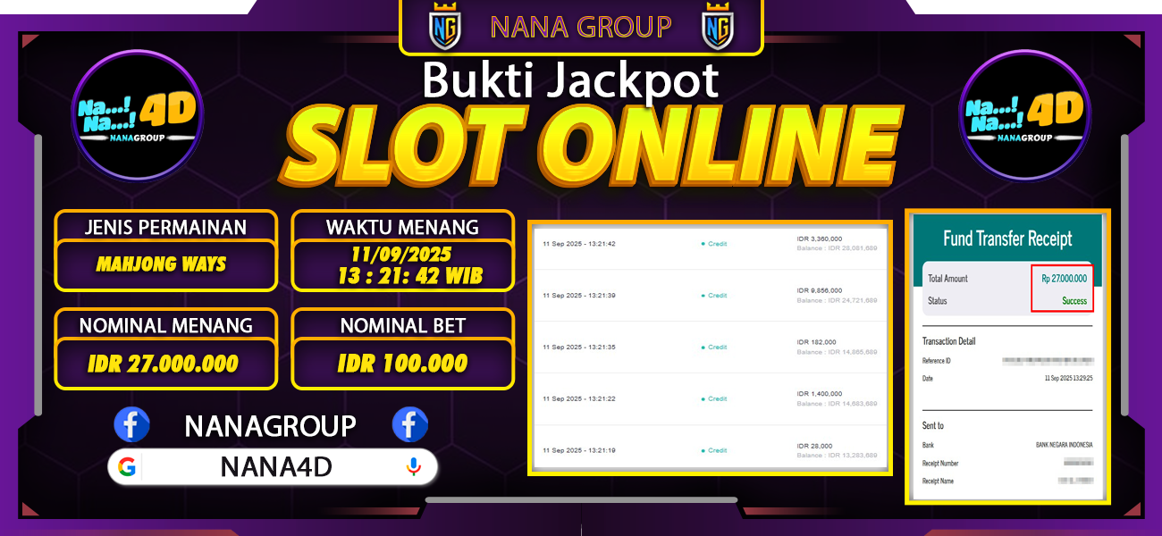 Bukti Kemenangan Besar Dibayar lunas Member NANA4D RP 27.000.000, 11 September 2025