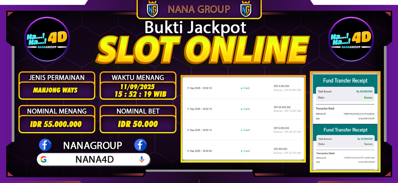 Bukti Kemenangan Besar Dibayar lunas Member NANA4D RP 55.000.000, 11 September 2025