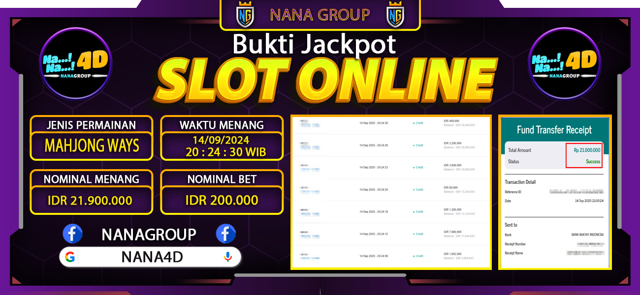 Bukti Kemenangan Besar Dibayar lunas Member NANA4D RP 21.000.000, 15 September 2025